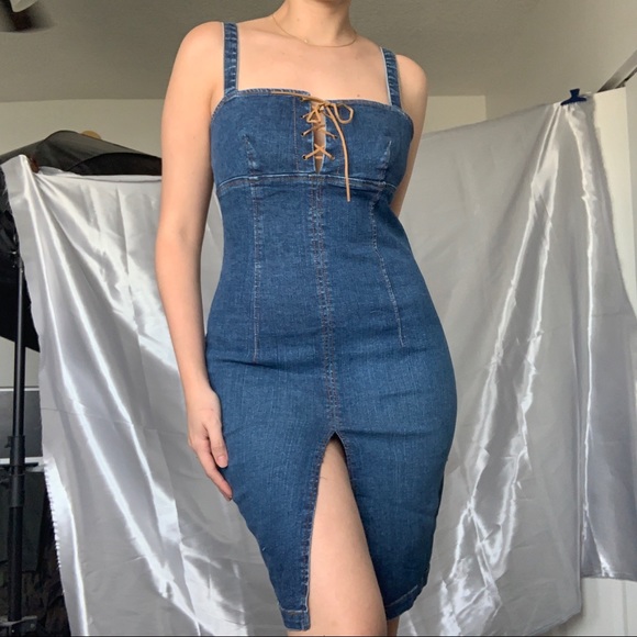 SOLD- 90s Denim Bodycon Dress - Picture 2 of 5